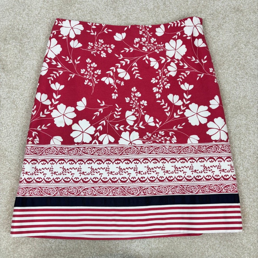 Ann Taylor LOFT Red White‎ Floral Border Print Cotton Mini Skirt Size 2 Side Zip
